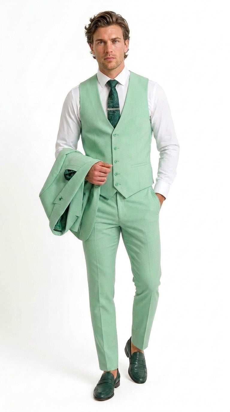 Mens Mint Green 3-Piece Suit – Slim Fit Wedding, Prom & Formal Suit with Matching Vest By Derman - 34 Short or Extra Small