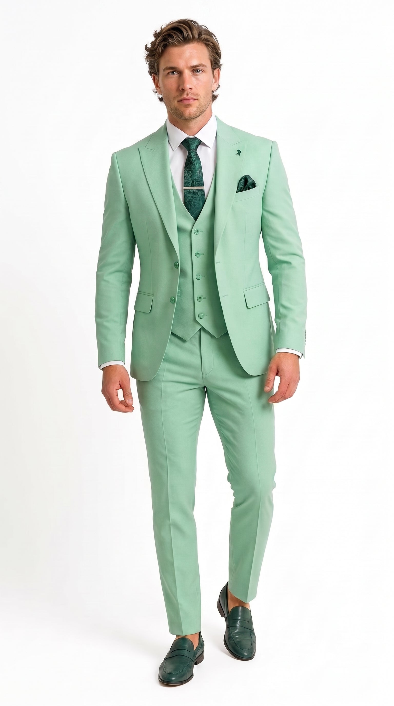 Mens Mint Green 3-Piece Suit – Slim Fit Wedding, Prom & Formal Suit with Matching Vest By Derman - 34 Short or Extra Small