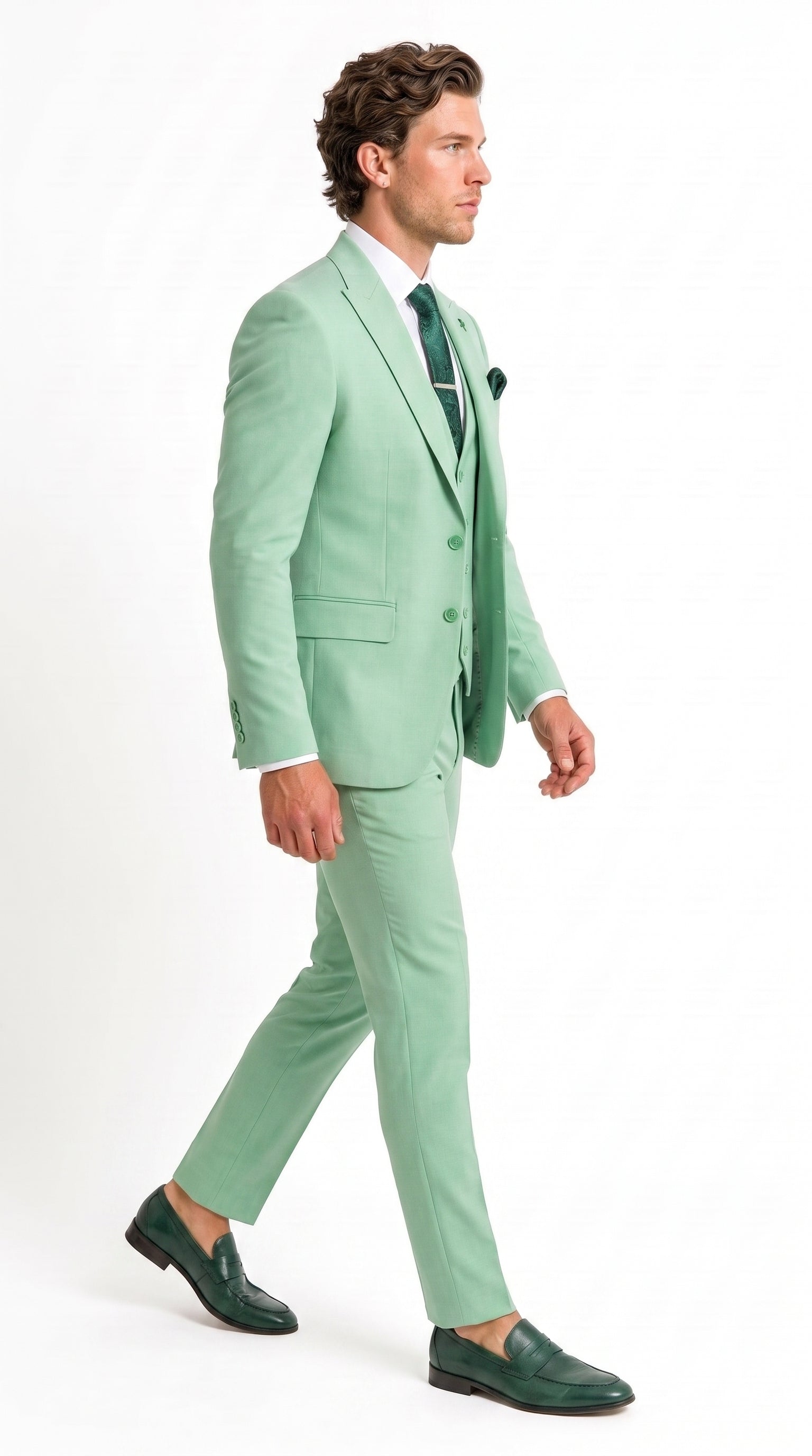 Mens Mint Green 3-Piece Suit – Slim Fit Wedding, Prom & Formal Suit with Matching Vest By Derman - 34 Short or Extra Small