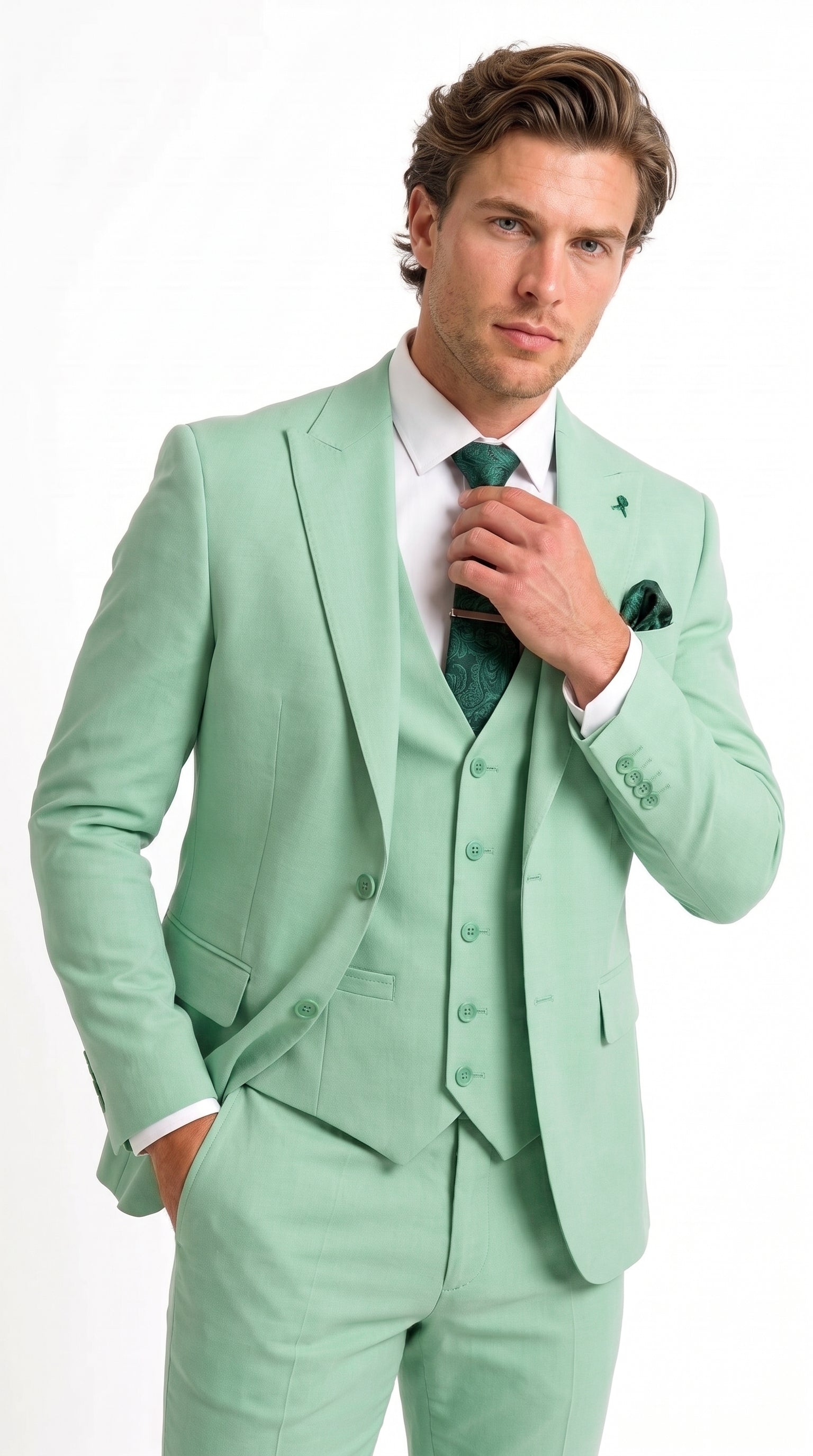 Mens Mint Green 3-Piece Suit – Slim Fit Wedding, Prom & Formal Suit with Matching Vest By Derman - 34 Short or Extra Small