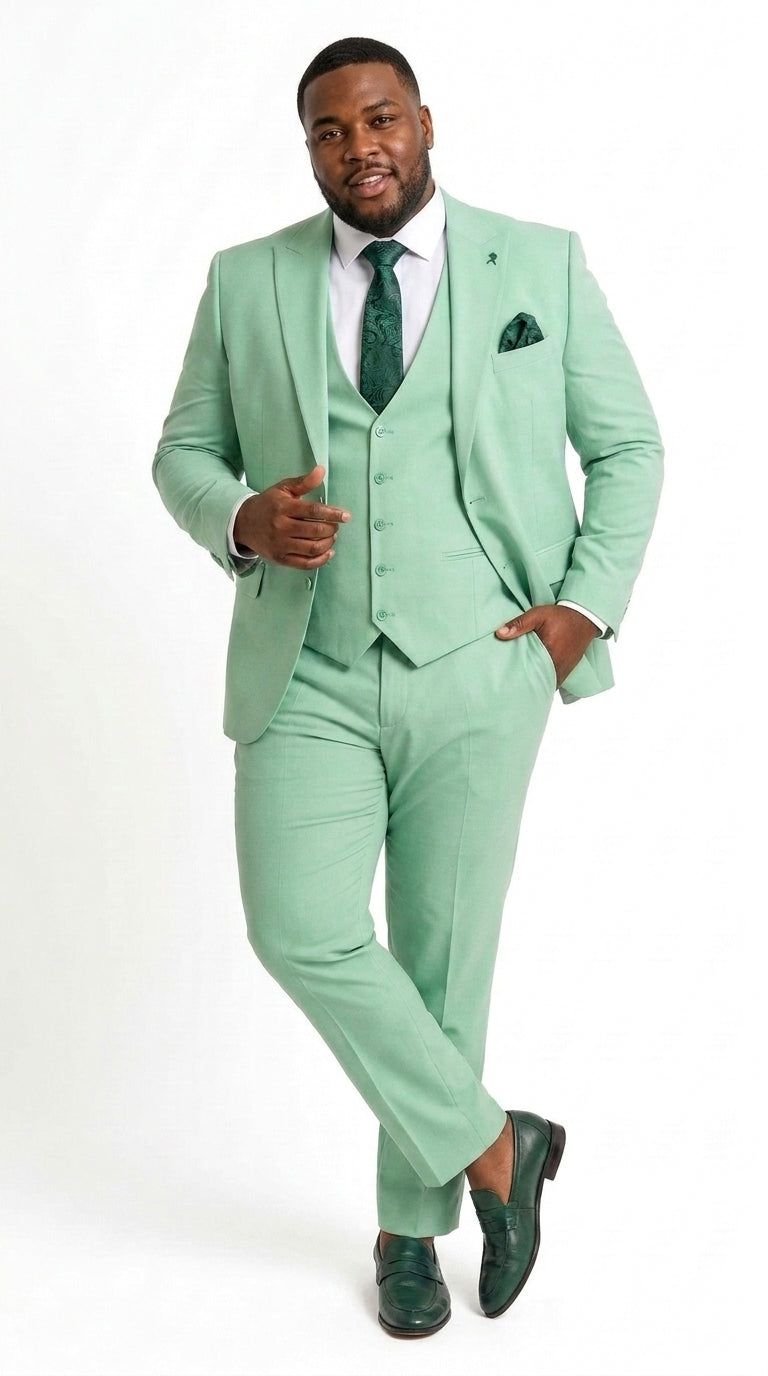 Mens Mint Green 3-Piece Suit – Slim Fit Wedding, Prom & Formal Suit with Matching Vest By Derman - 34 Short or Extra Small