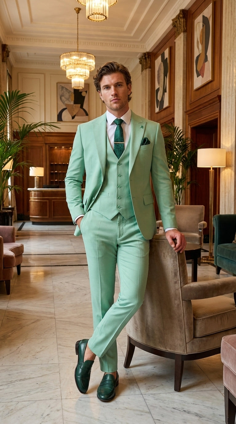 Mens Mint Green 3-Piece Suit – Slim Fit Wedding, Prom & Formal Suit with Matching Vest By Derman - 34 Short or Extra Small