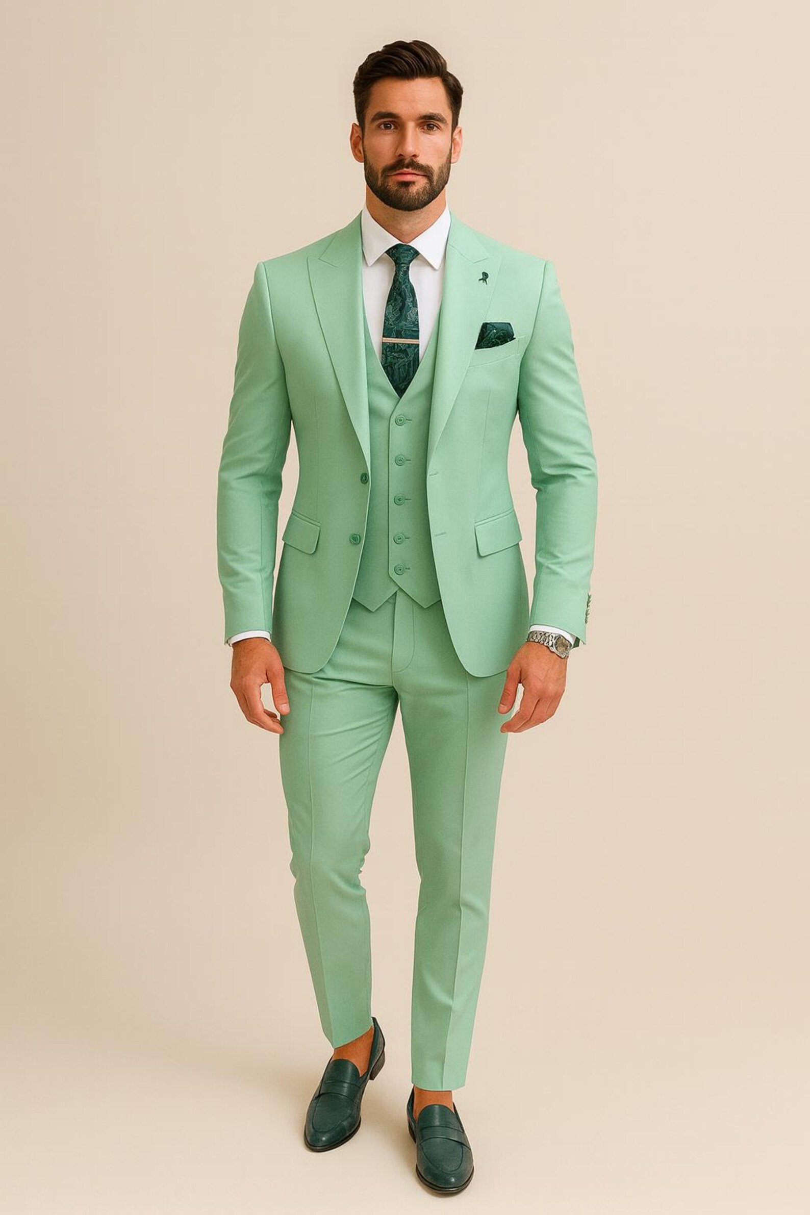 Mens Mint Green 3-Piece Suit – Slim Fit Wedding, Prom & Formal Suit with Matching Vest By Derman - 34 Short or Extra Small