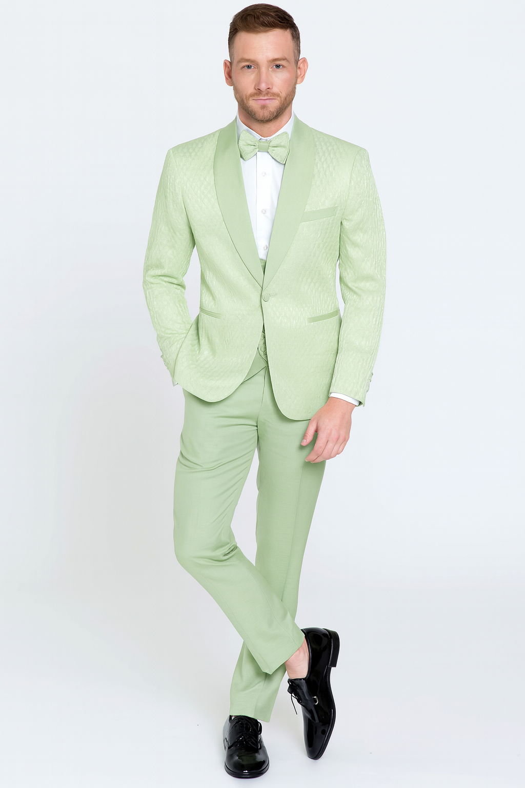Men’s Mint Green Tuxedo Suit – Slim Fit Shawl Lapel with Matching Bow Tie in Sage Green Color - Light Green - 58 Long or 58 Regular Jacket+52/54 Adjustable Pants (Fabric: poly/rayon blend)