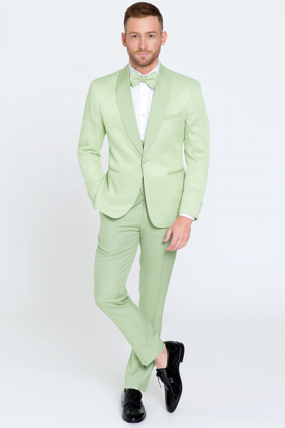 Mens Mint Green Tuxedo Suit – Slim Fit Shawl Lapel with Matching Bow Tie – Sage Green Color - Light Green