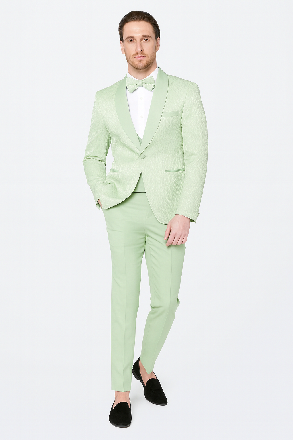 Men’s Mint Green Tuxedo Suit – Slim Fit Shawl Lapel with Matching Bow Tie in Sage Green Color - Light Green - 58 Long or 58 Regular Jacket+52/54 Adjustable Pants (Fabric: poly/rayon blend)