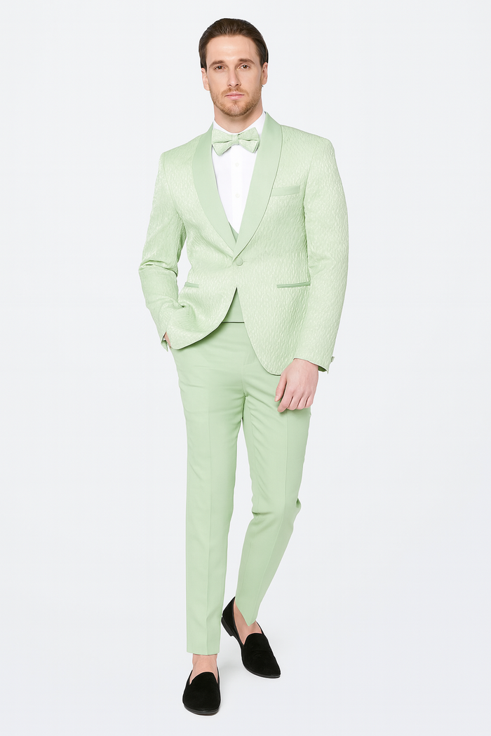 Mens Mint Green Tuxedo Suit – Slim Fit Shawl Lapel with Matching Bow Tie – Sage Green Color - Light Green