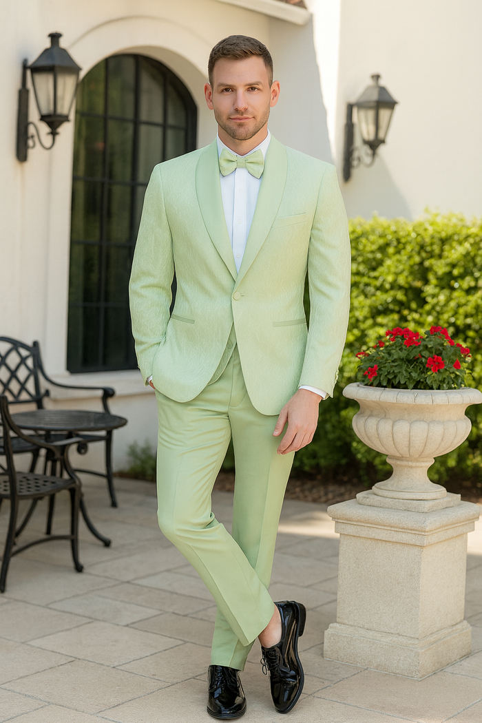 Mens Mint Green Tuxedo Suit – Slim Fit Shawl Lapel with Matching Bow Tie – Sage Green Color - Light Green