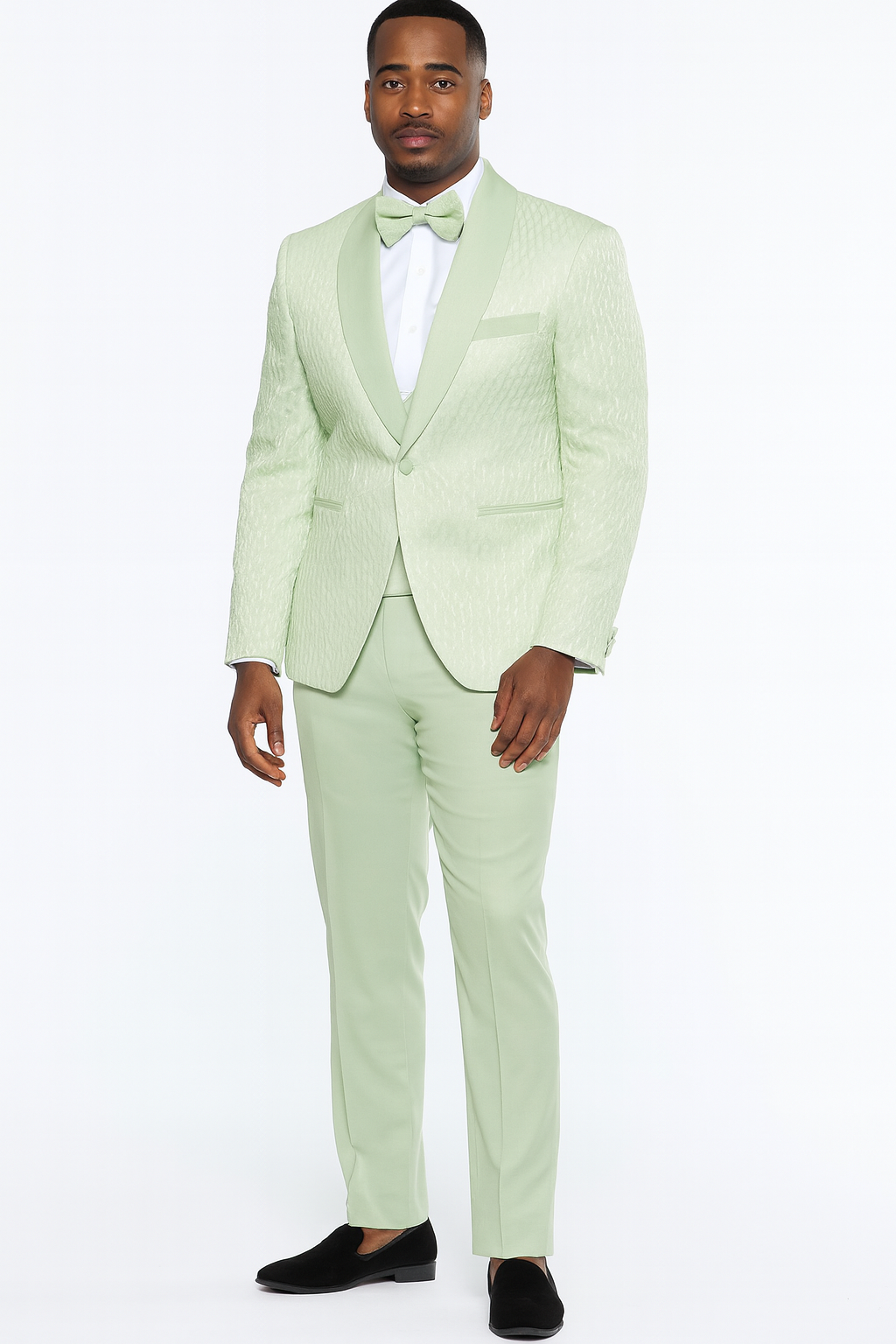 Men’s Mint Green Tuxedo Suit – Slim Fit Shawl Lapel with Matching Bow Tie in Sage Green Color - Light Green - 58 Long or 58 Regular Jacket+52/54 Adjustable Pants (Fabric: poly/rayon blend)