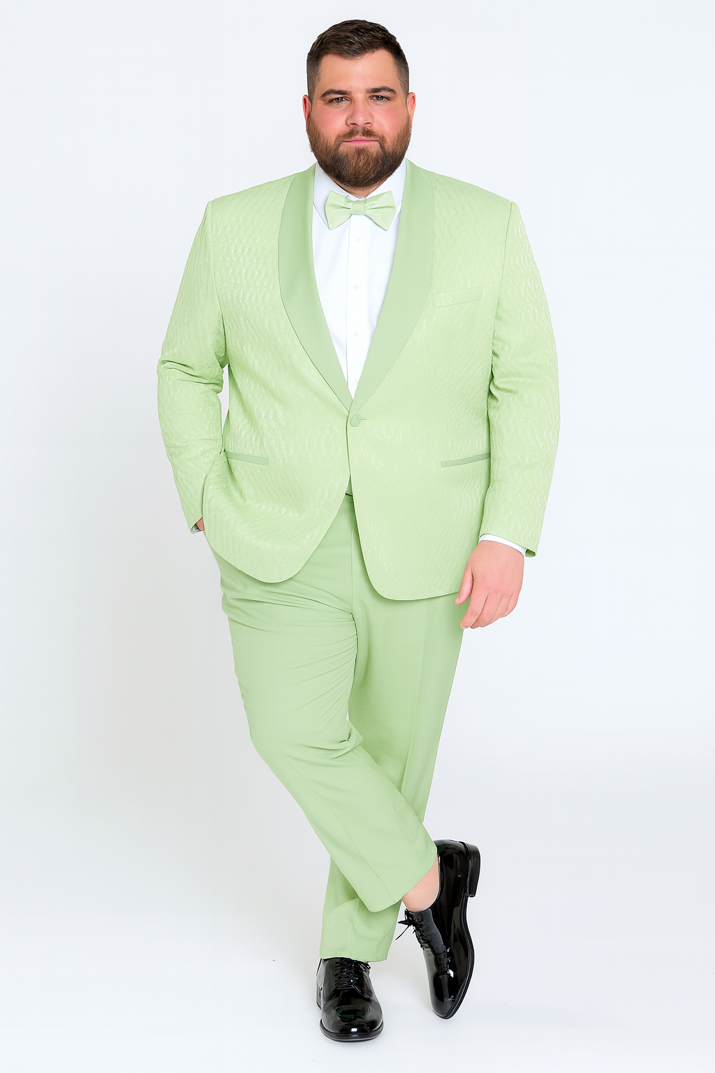 Men’s Mint Green Tuxedo Suit – Slim Fit Shawl Lapel with Matching Bow Tie in Sage Green Color - Light Green - 58 Long or 58 Regular Jacket+52/54 Adjustable Pants (Fabric: poly/rayon blend)