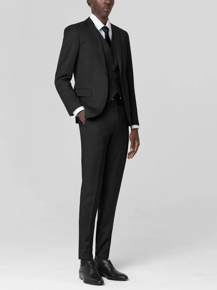 Mens Black Birdseye Three Piece Suit Modern 2-Button Suit