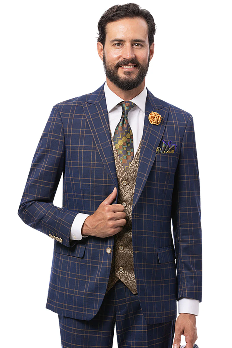 Marc Darcy Wedding Suits Men's Modern Fit Double Windowpane Plaid Suit with Paisley Vest in Navy Blue - 34 Short or Extra Small