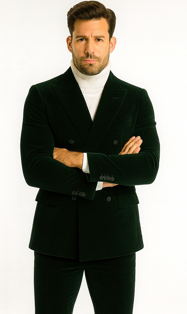 Mens Navy and Hunter Green Velvet Double Breasted Tuxedo with Peak Lapel