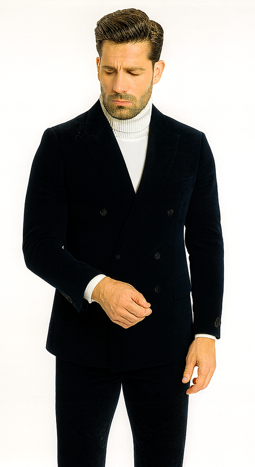Mens Navy and Hunter Green Velvet Double Breasted Tuxedo with Peak Lapel