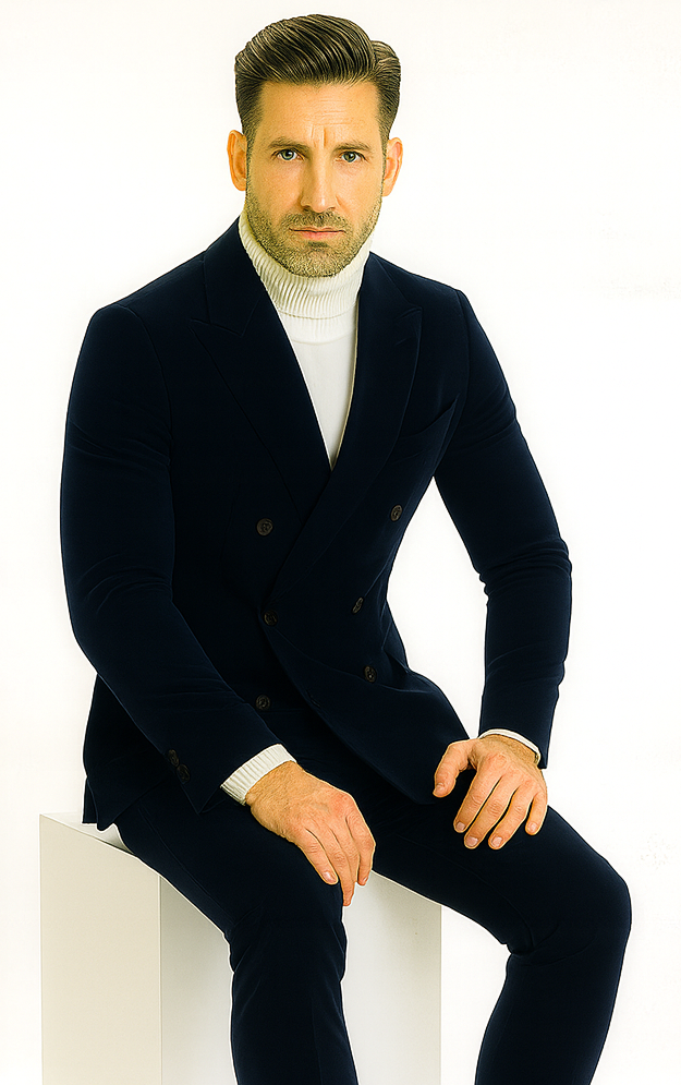 Mens Navy and Hunter Green Velvet Double Breasted Tuxedo with Peak Lapel