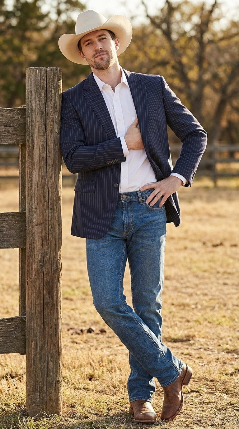 Mens Navy Blue Pinstripe Western Blazer – Classic Cowboy Style Jacket for Business, Formal and Smart Casual Wear - 34 Short