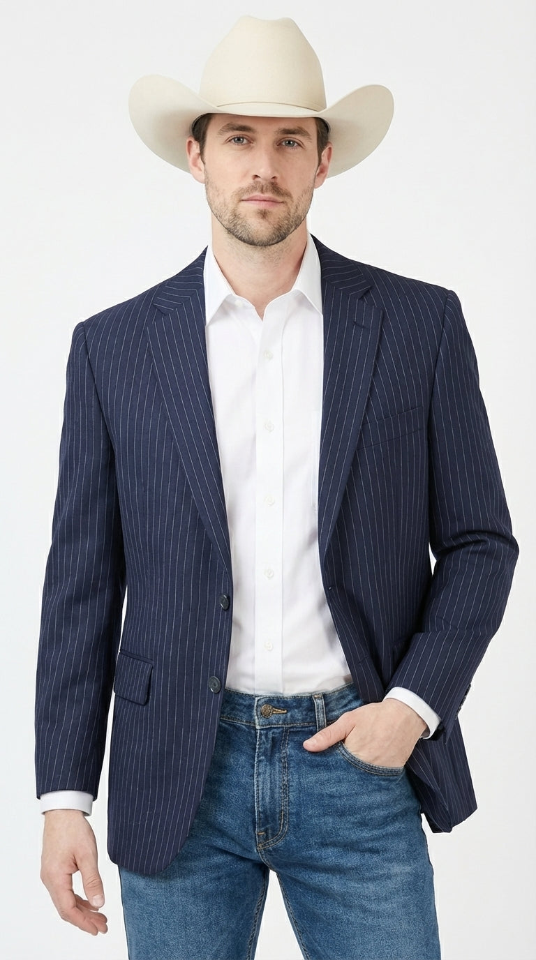 Mens Navy Blue Pinstripe Western Blazer – Classic Cowboy Style Jacket for Business, Formal and Smart Casual Wear - 34 Short