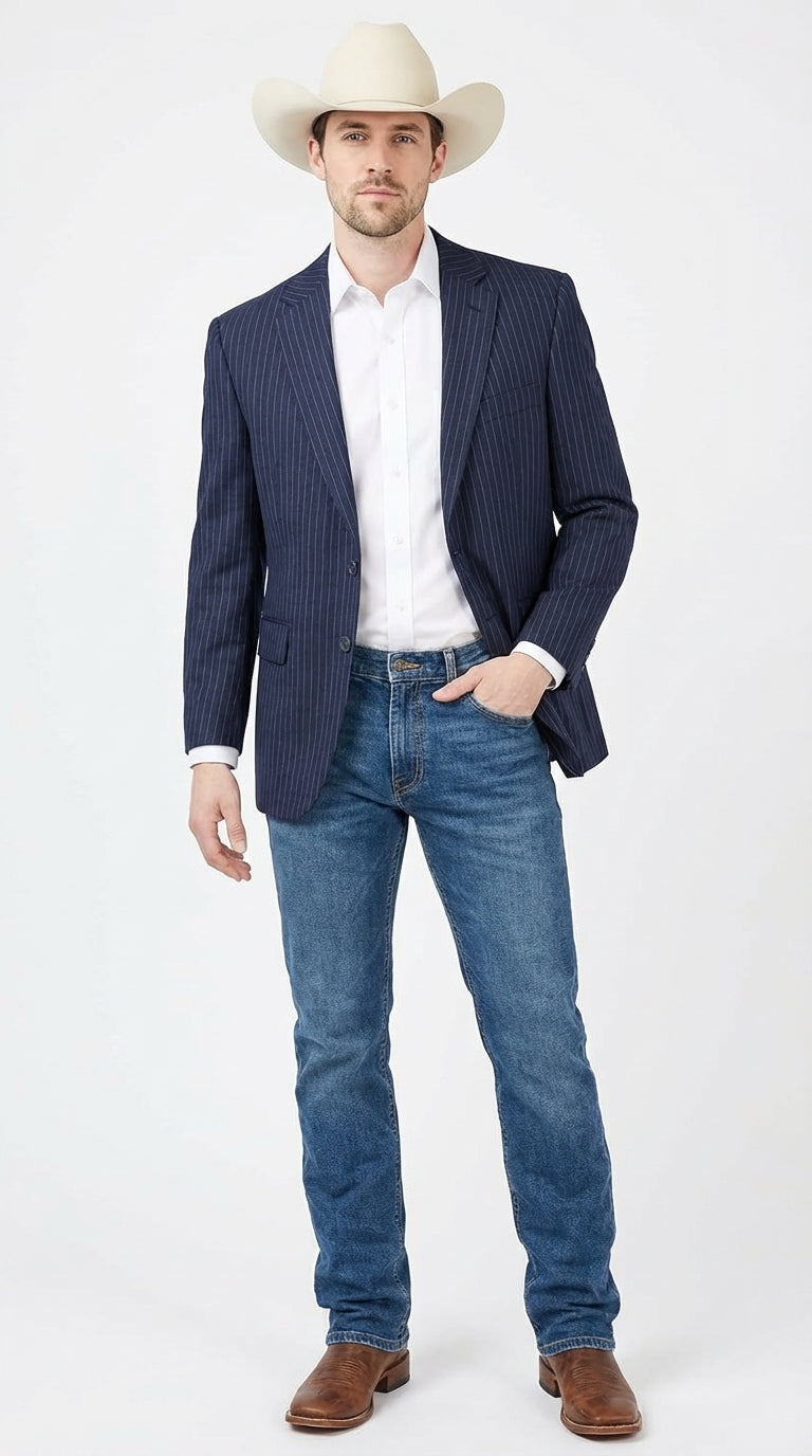 Mens Navy Blue Pinstripe Western Blazer – Classic Cowboy Style Jacket for Business, Formal and Smart Casual Wear - 34 Short