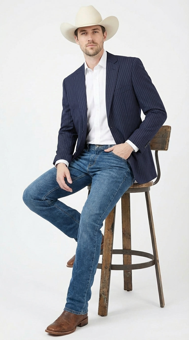 Mens Navy Blue Pinstripe Western Blazer – Classic Cowboy Style Jacket for Business, Formal and Smart Casual Wear - 34 Short