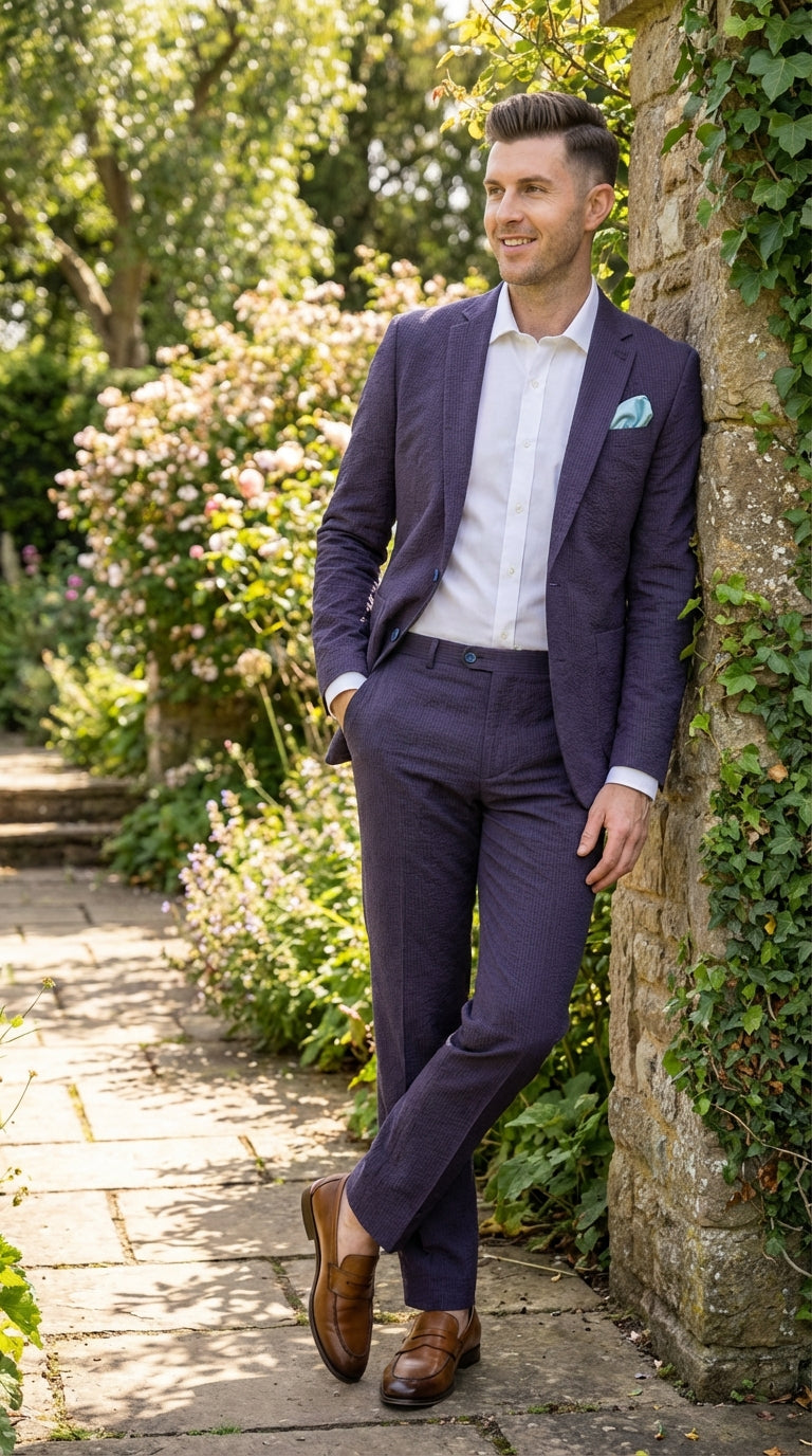 Mens Navy Blue Seersucker Suit – Cotton Fabric Shadow Pattern Ton on Tone Textured Two Button Notch Lapel Formal Summer Suit - 34 Short or Extra Small