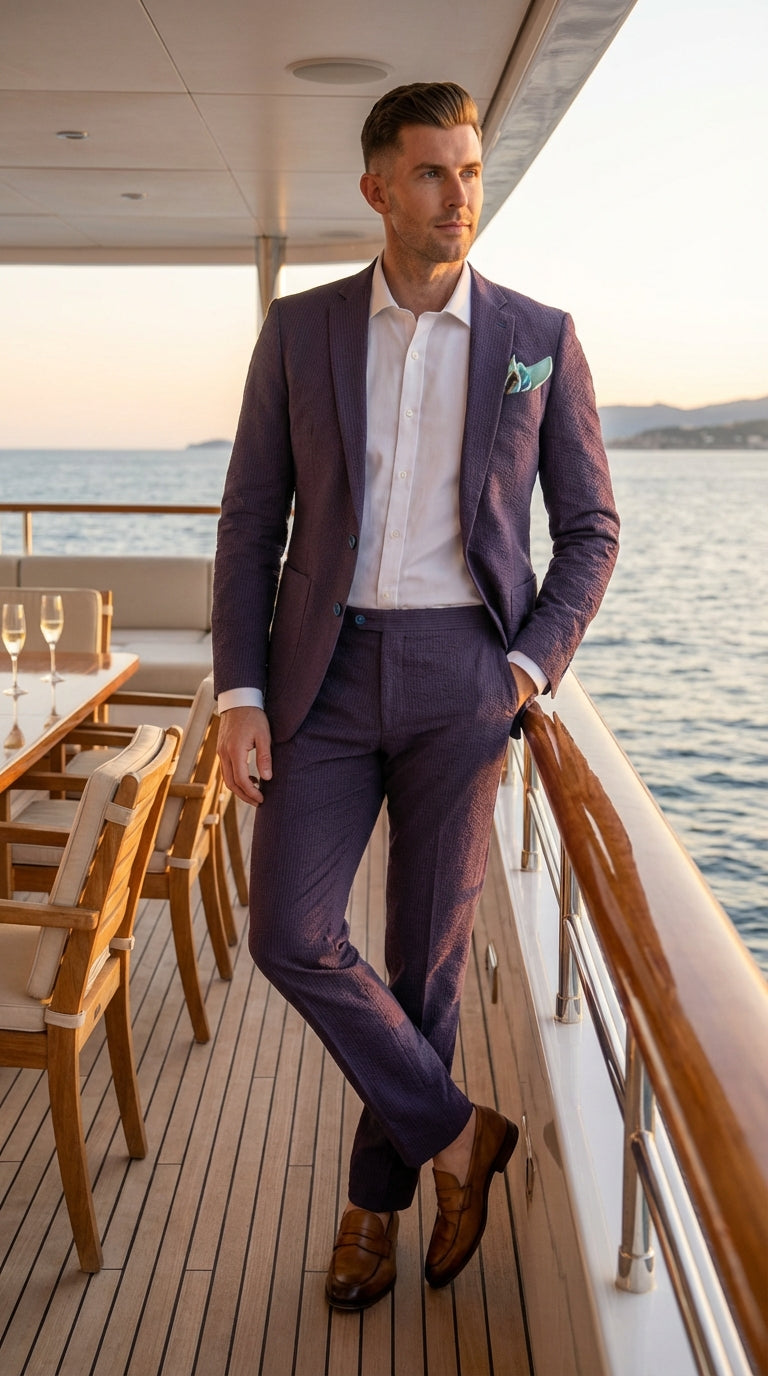 Mens Navy Blue Seersucker Suit – Cotton Fabric Shadow Pattern Ton on Tone Textured Two Button Notch Lapel Formal Summer Suit - 34 Short or Extra Small