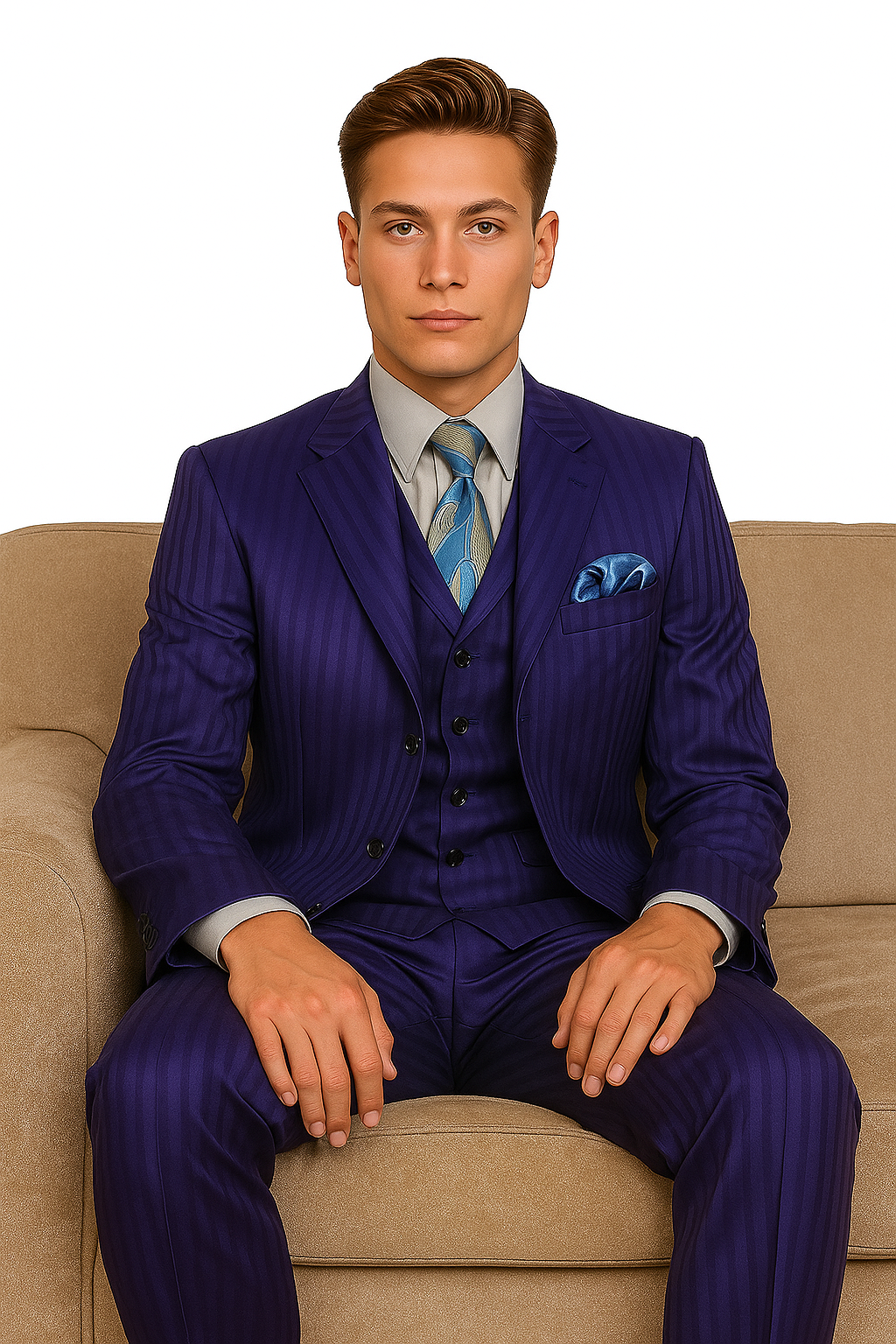 "Navy Blue Men's Shiny Tonal Stripe Fashion Suit - 4 Button Semi Wide Leg" - 38 Long