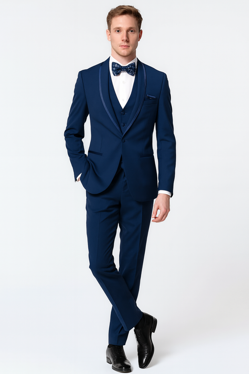 Mens Navy Blue with Blue Trim Three-Piece Tuxedo with Satin Shawl Lapel and Bow Tie Wedding Suit