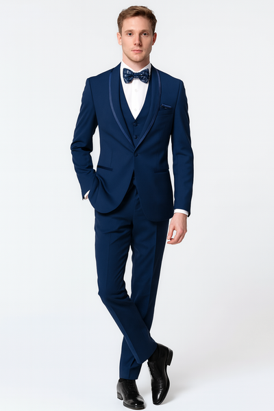 Mens Navy Blue with Blue Trim Three-Piece Tuxedo with Satin Shawl Lapel and Bow Tie Wedding Suit