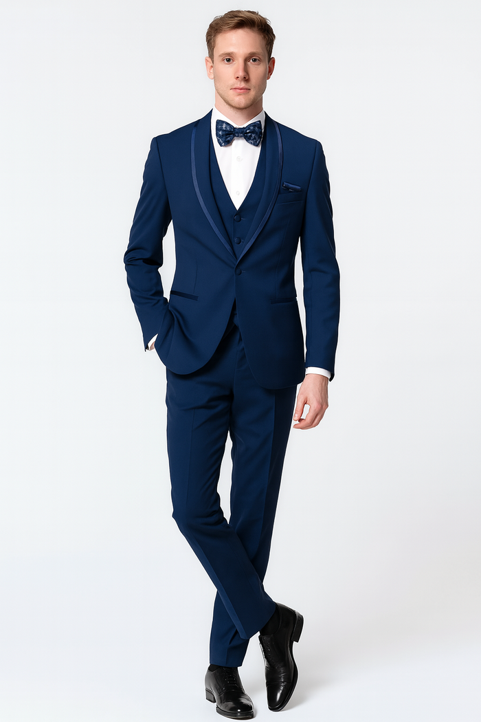 Mens Navy Blue with Blue Trim Three-Piece Tuxedo with Satin Shawl Lapel and Bow Tie Wedding Suit
