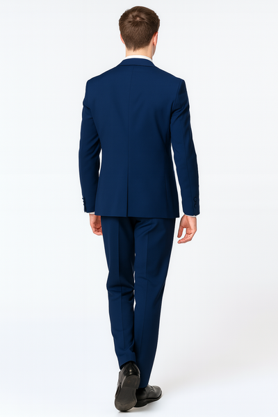 Mens Navy Blue with Blue Trim Three-Piece Tuxedo with Satin Shawl Lapel and Bow Tie Wedding Suit