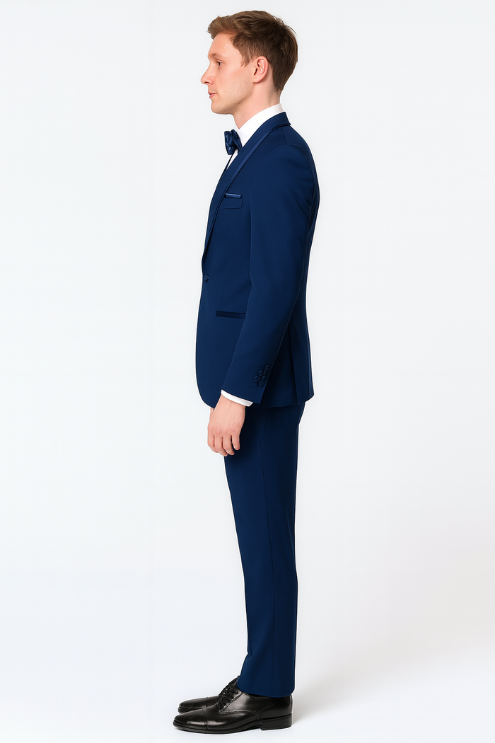 Mens Navy Blue with Blue Trim Three-Piece Tuxedo with Satin Shawl Lapel and Bow Tie Wedding Suit