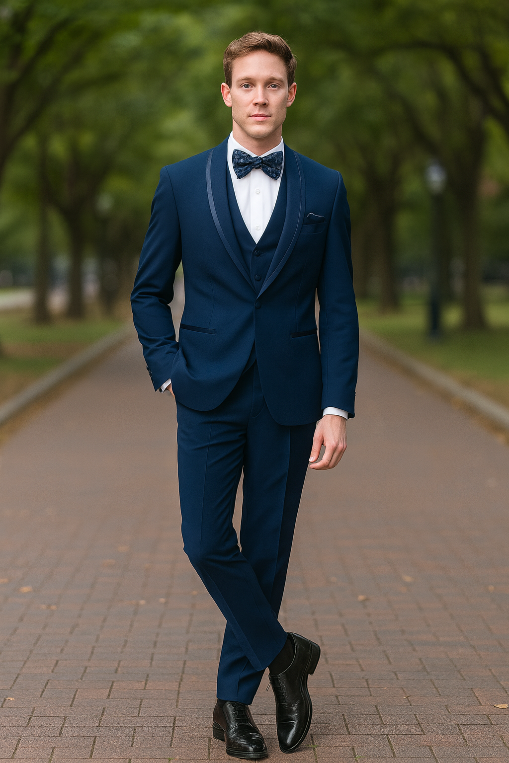 Men’s Navy Blue with Blue Trim Three-Piece Tuxedo with Satin Shawl Lapel and Bow Tie Wedding Suit - 34 Short or Extra Small