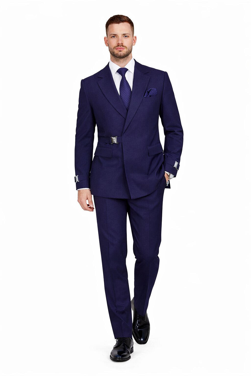 Mens Navy Blue Double Breasted Wool Suit with Signature Buckle Closure Designer Tailored Fit
