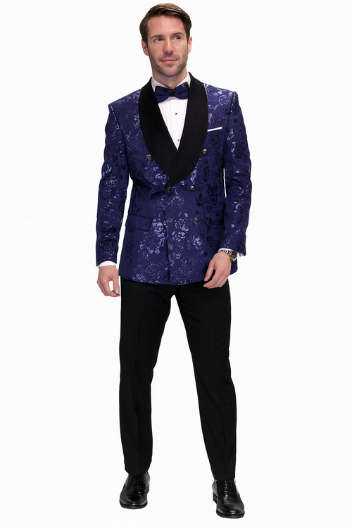 Mens Navy Floral Jacquard Tuxedo Jacket â€“ Double Breasted Blazer with Black Shawl Lapel