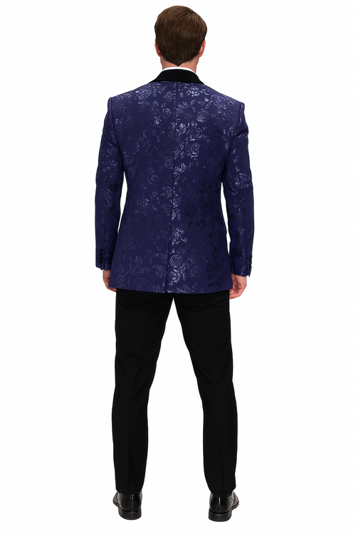 Mens Navy Floral Jacquard Tuxedo Jacket â€“ Double Breasted Blazer with Black Shawl Lapel
