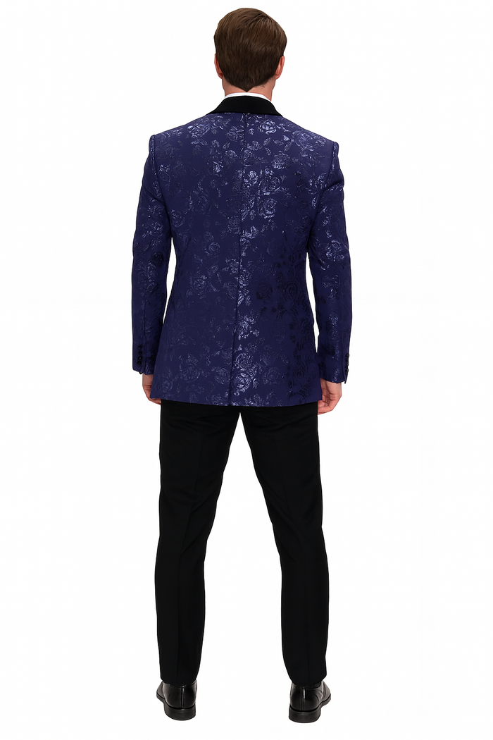 Mens Navy Floral Jacquard Tuxedo Jacket â€“ Double Breasted Blazer with Black Shawl Lapel