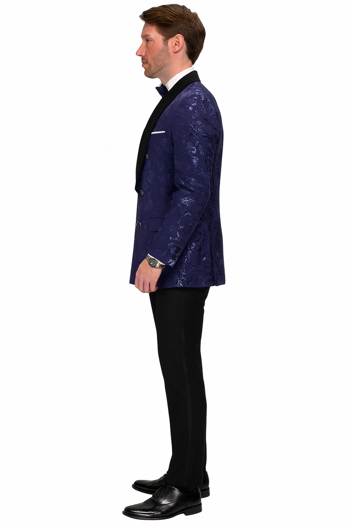 Mens Navy Floral Jacquard Tuxedo Jacket â€“ Double Breasted Blazer with Black Shawl Lapel