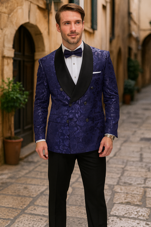 Mens Navy Floral Jacquard Tuxedo Jacket â€“ Double Breasted Blazer with Black Shawl Lapel