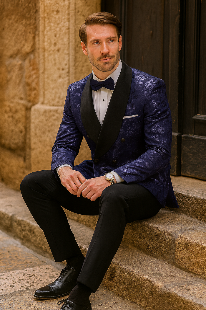Mens Navy Floral Jacquard Tuxedo Jacket â€“ Double Breasted Blazer with Black Shawl Lapel