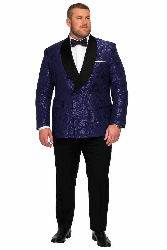 Mens Navy Floral Jacquard Tuxedo Jacket â€“ Double Breasted Blazer with Black Shawl Lapel