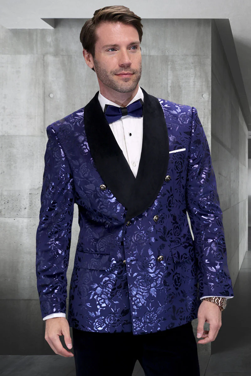 Men’s Navy Floral Jacquard Tuxedo Jacket – Double Breasted Blazer with Black Shawl Lapel - 36 Short