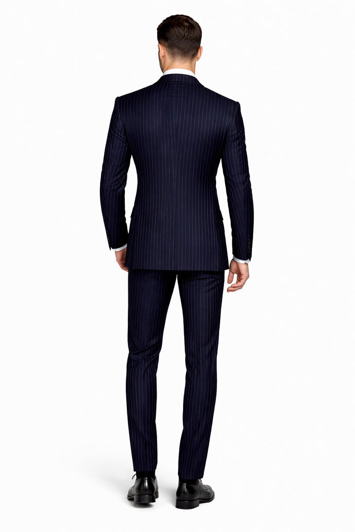 Men's Designer Double Breasted Wool Suit in Bold Navy Blue Gangster Pinstripe.