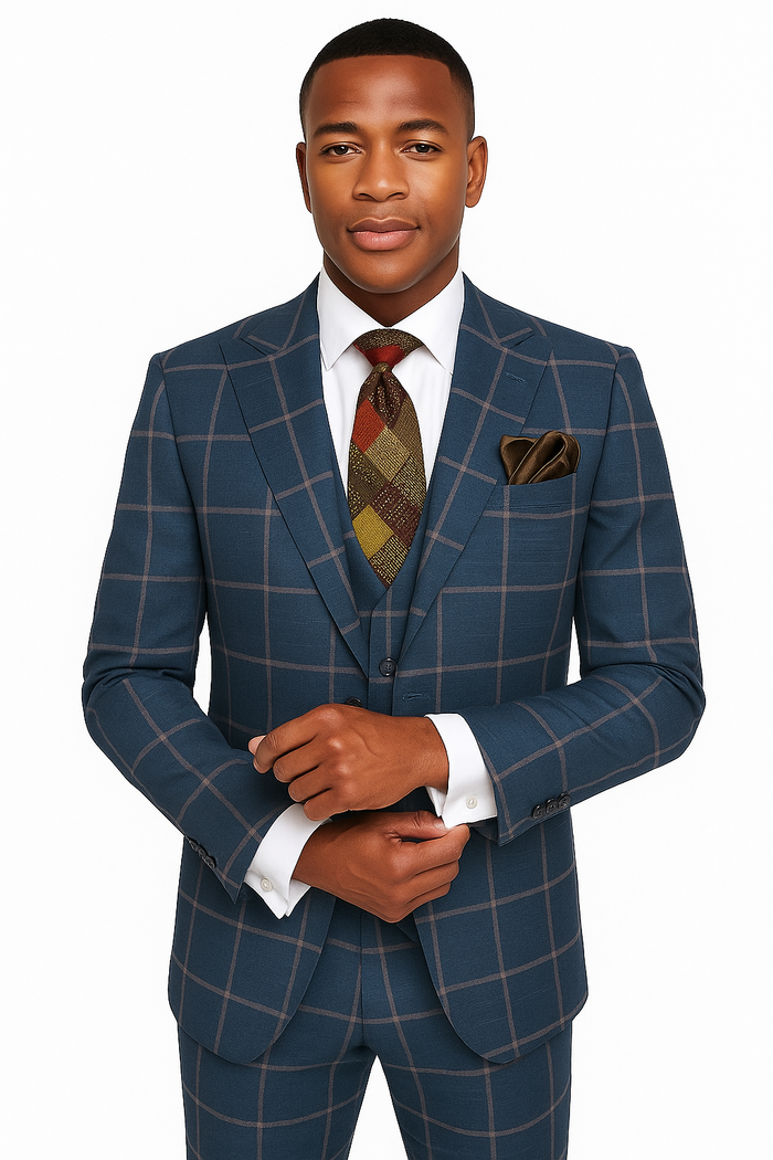 Rossiman Mens Navy & Gray Plaid Suit - Classic Windowpane Double-Breasted Design