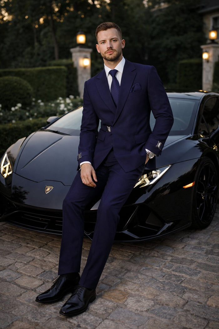 Mens Navy Blue Double Breasted Wool Suit with Signature Buckle Closure Designer Tailored Fit