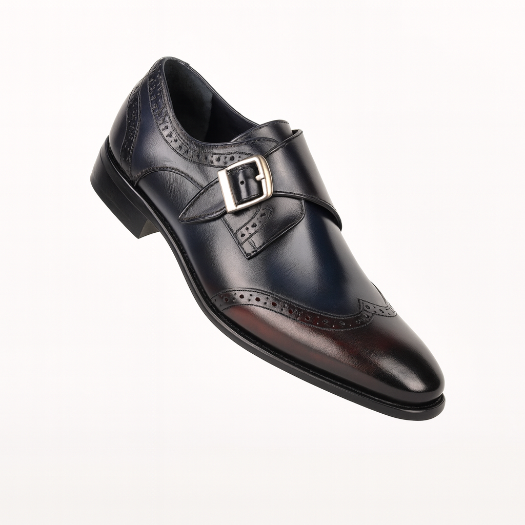 Mens Leather Wingtip Monk Strap Dress Shoe in Brown & Navy - 7.5