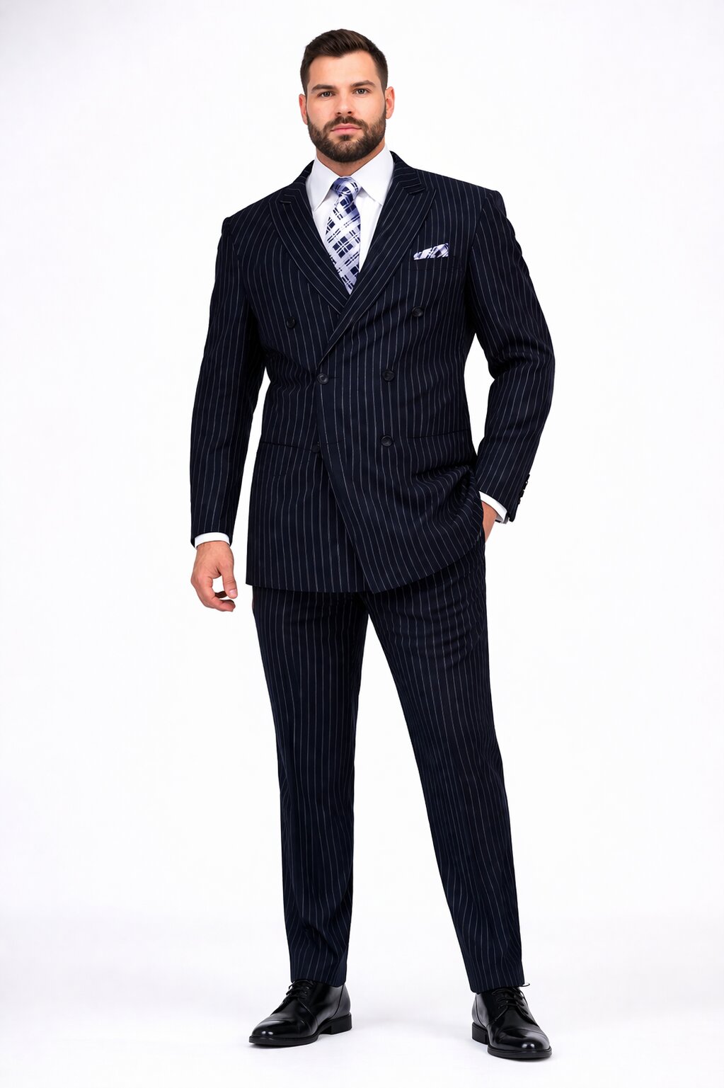 Men's Designer Double Breasted Wool Suit in Bold Navy Blue Gangster Pinstripe.