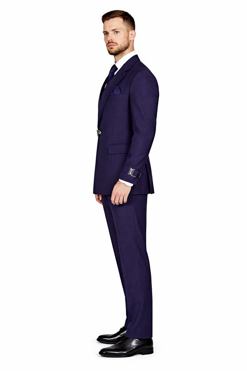 Mens Navy Blue Double Breasted Wool Suit with Signature Buckle Closure Designer Tailored Fit
