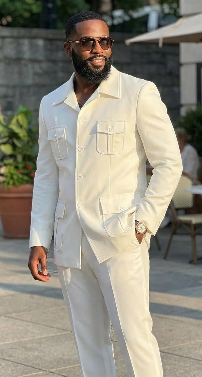 Mens Off White Casual Safari Suit Pocket Front BP8102 - Small