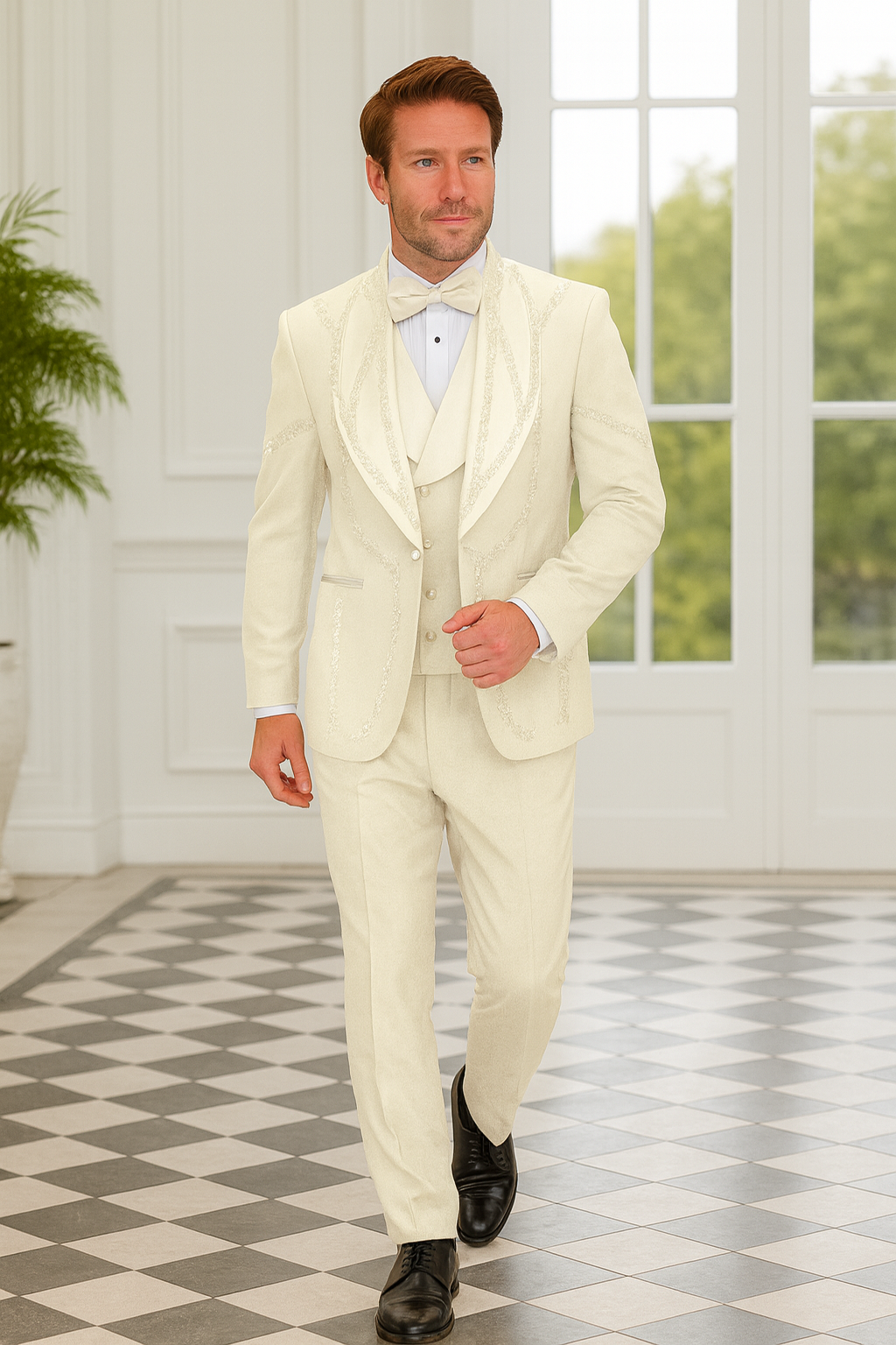 Off White Italian Wool 3-Piece Modern Fit Tuxedo - 34 Short or Extra Small