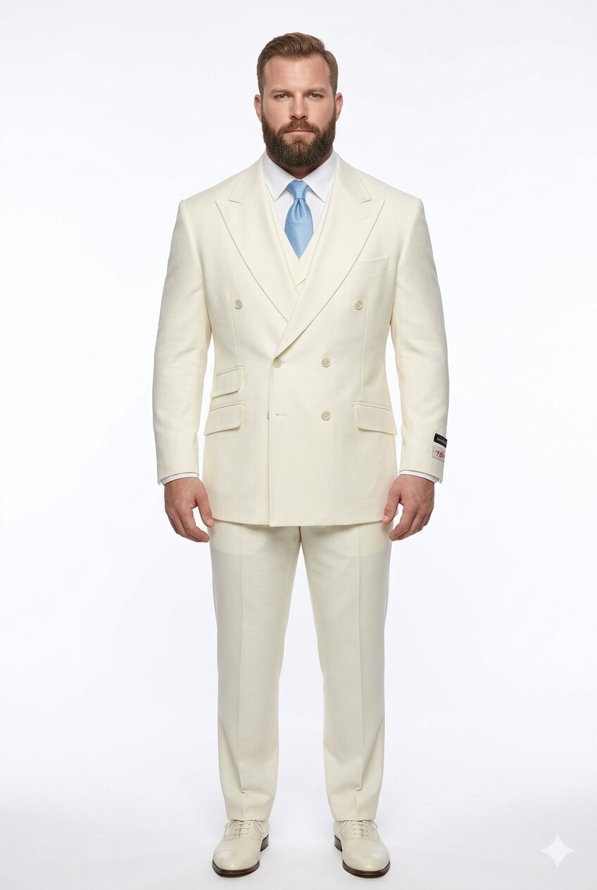 Tiglio Italian Suit - Real Wool Fabric Super 150's EST Off-White, Wide Leg Suit & Vest in Color Off-White